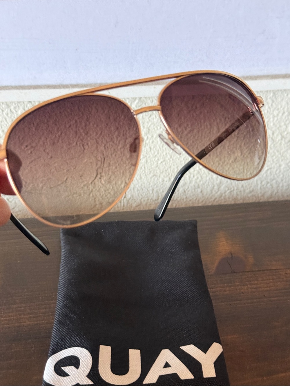 New Quay Australia Vivienne gold and brown aviator sunglasses with case